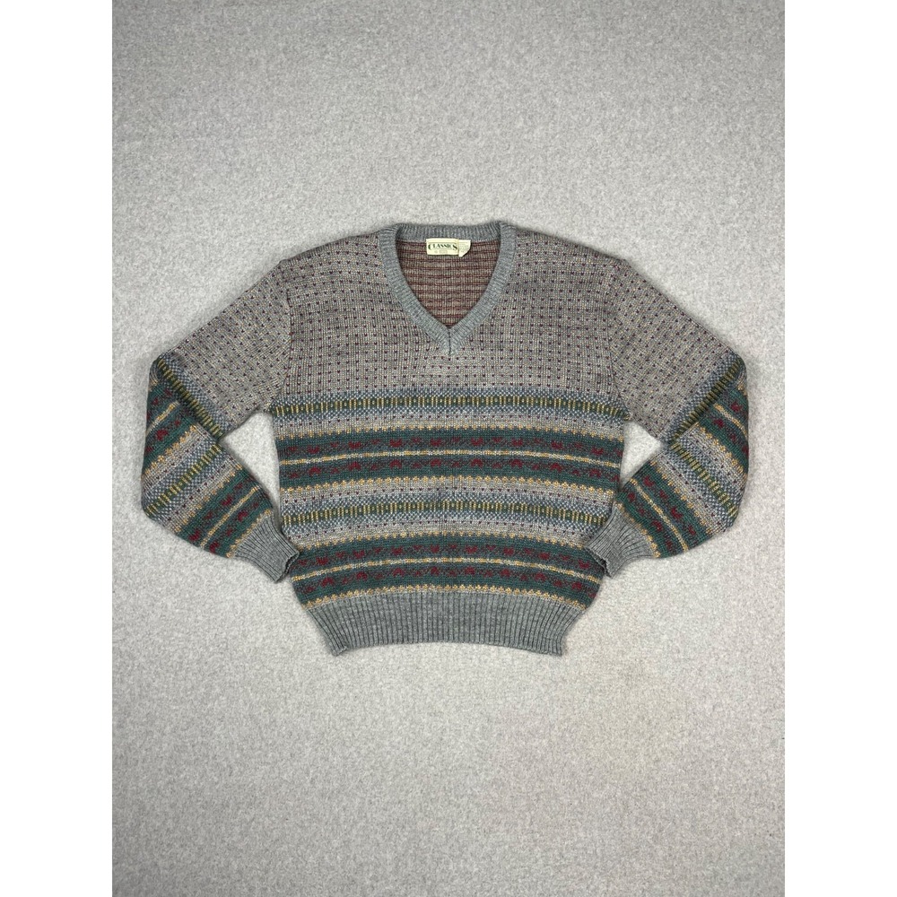 Vintage Sears Classics Sweater Mens XL Gray 90s Fair Isle Wool Blend V Neck